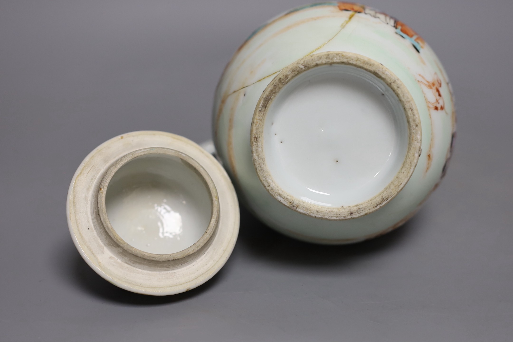 A Sunderland pink lustre sailor's bowl, marked Scott(?), together with a Paris porcelain 'one bowl more and then' bowl, and a 18th century Chinese famille rose hot water pot, tallest 23cm (3)